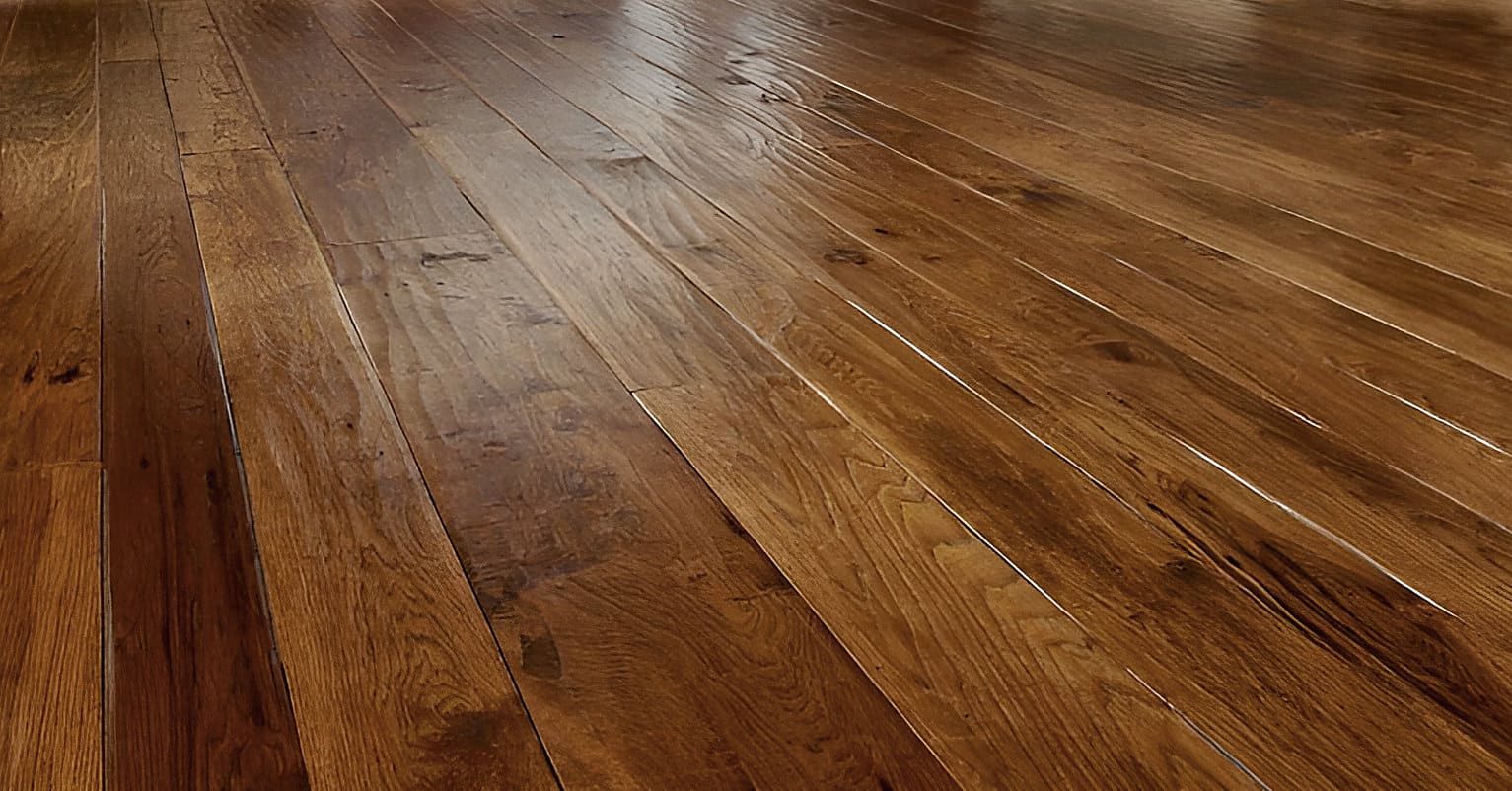 Hickory Flooring, Natural Grade, Hand Scraped, Chestnut Stain, Satin UV Poly